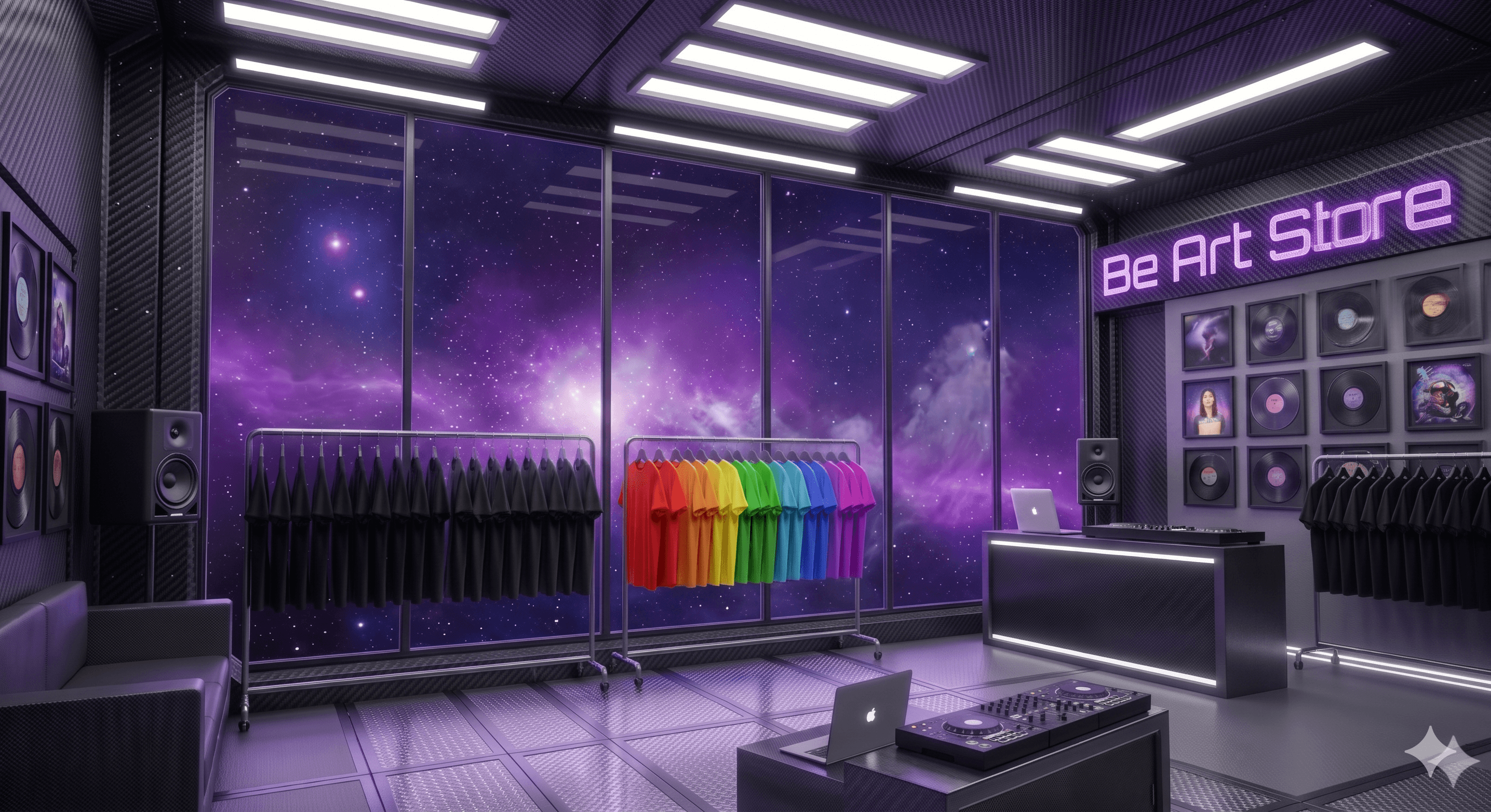 Interior futurista da Be Art Store com vitrine espacial e araras de camisetas coloridas.