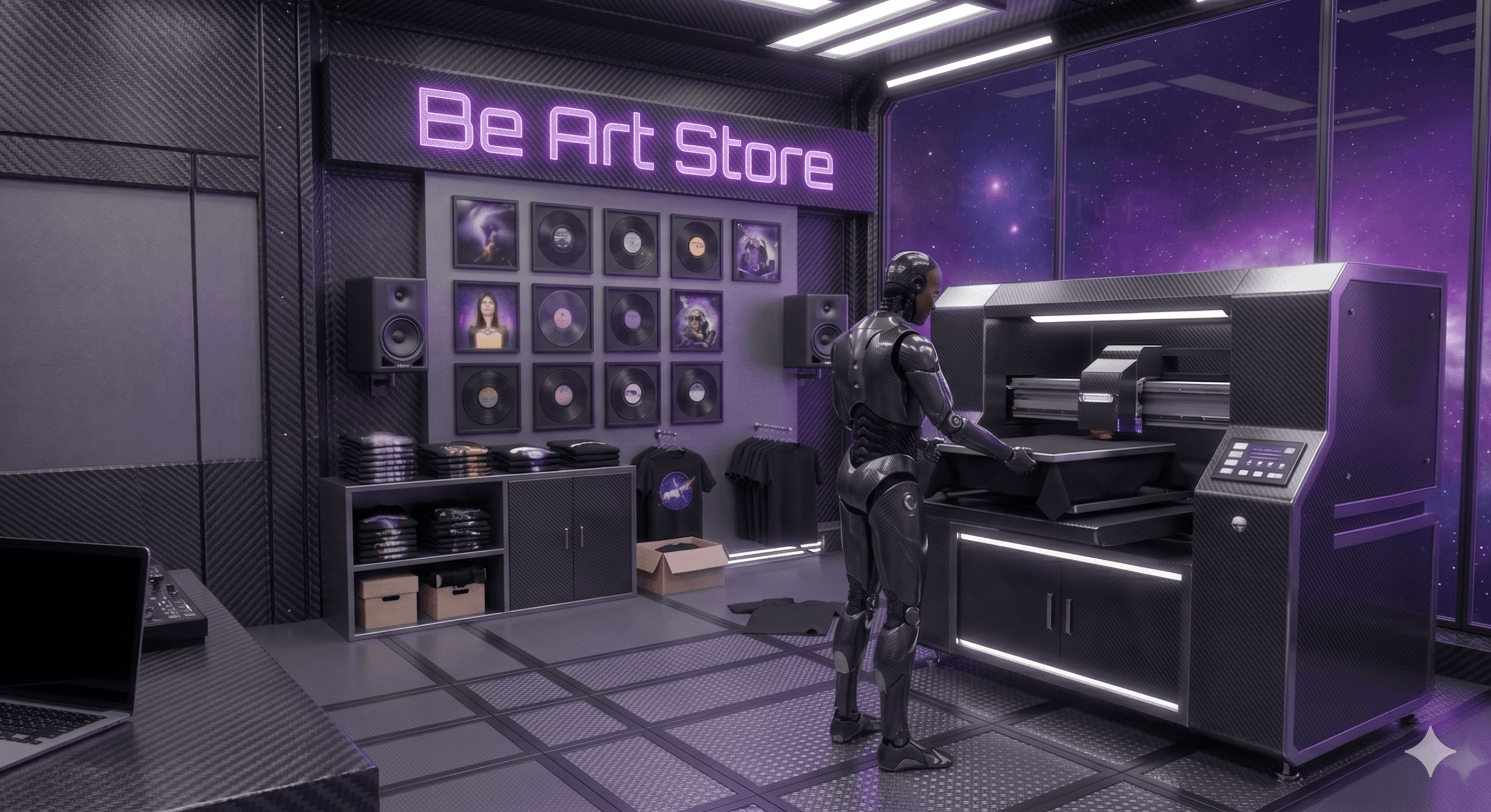 Área de produção da Be Art Store com maquinário, estética sci-fi e acabamento em fibra de carbono.